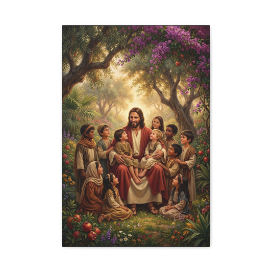 Jesus Christ With Children Canvas Wall Art - Garden Blessing Religious Print, Traditional Matte Canvas, Living Room Wall Decor, Bedroom Home Decoration - Ready to Hang - Bedroom Home Decoration