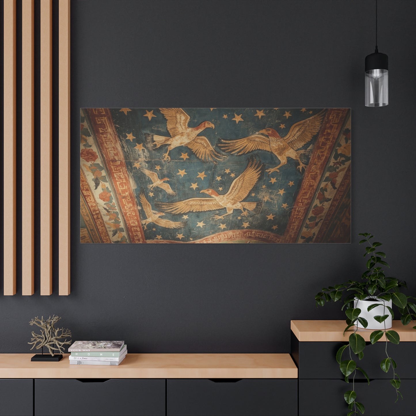 Ancient Eagle Ceiling Fresco Canvas Wall Art - Starry Bird Mural Print, Classical Blue And Gold Illustration - Vintage Traditional Style - Living Room Wall Decor Office Art - Bedroom Home Decoration