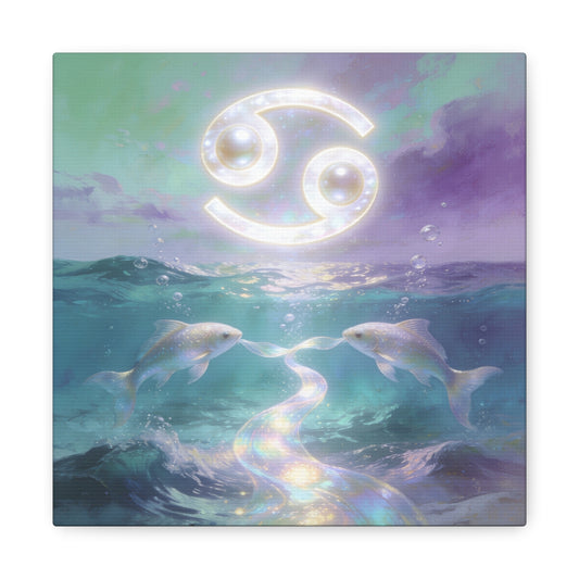 Cancer Zodiac Canvas Wall Art - Two Pearl Fish Ocean Illustration, Celestial Astrology Decor - Iridescent Matte Canvas Print - Mystical Coastal Style For Bedroom Living Room - Living Room Wall Decor