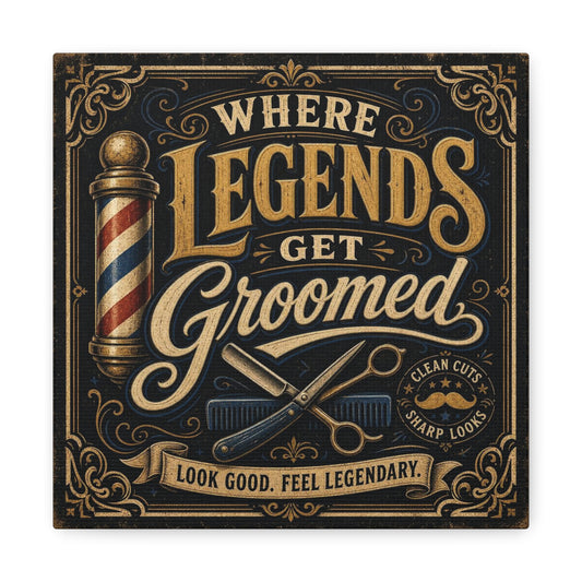 "Where Legends Get Groomed" Barber Shop Canvas Wall Art - Vintage Typography Sign, Straight Razor And Pole Illustration - Rustic Barbershop Decor, Salon Wall Art, Lobby Accent - Reception Area Decor