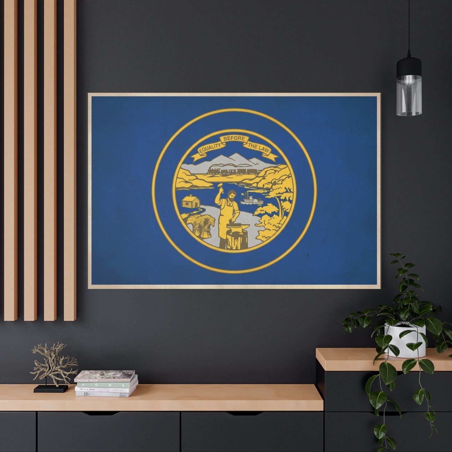 "Equality Before The Law" Kansas State Flag Canvas Wall Art - Blue Gold Sunflower State Seal Print - Vintage Americana Style, Living Room Wall Decor, Office Home Decoration - Bedroom Home Decoration