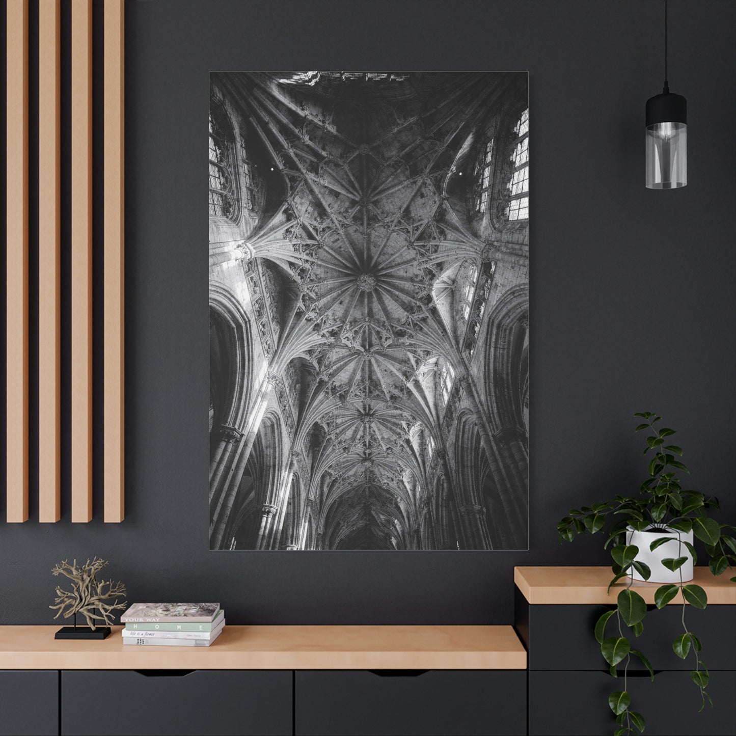Gothic Cathedral Ceiling Canvas Wall Art - Black And White Architectural Art Print - Vaulted Ribbed Arches, Dramatic Sacred Interior - Modern Living Room Wall Decor - Bedroom Home Decoration