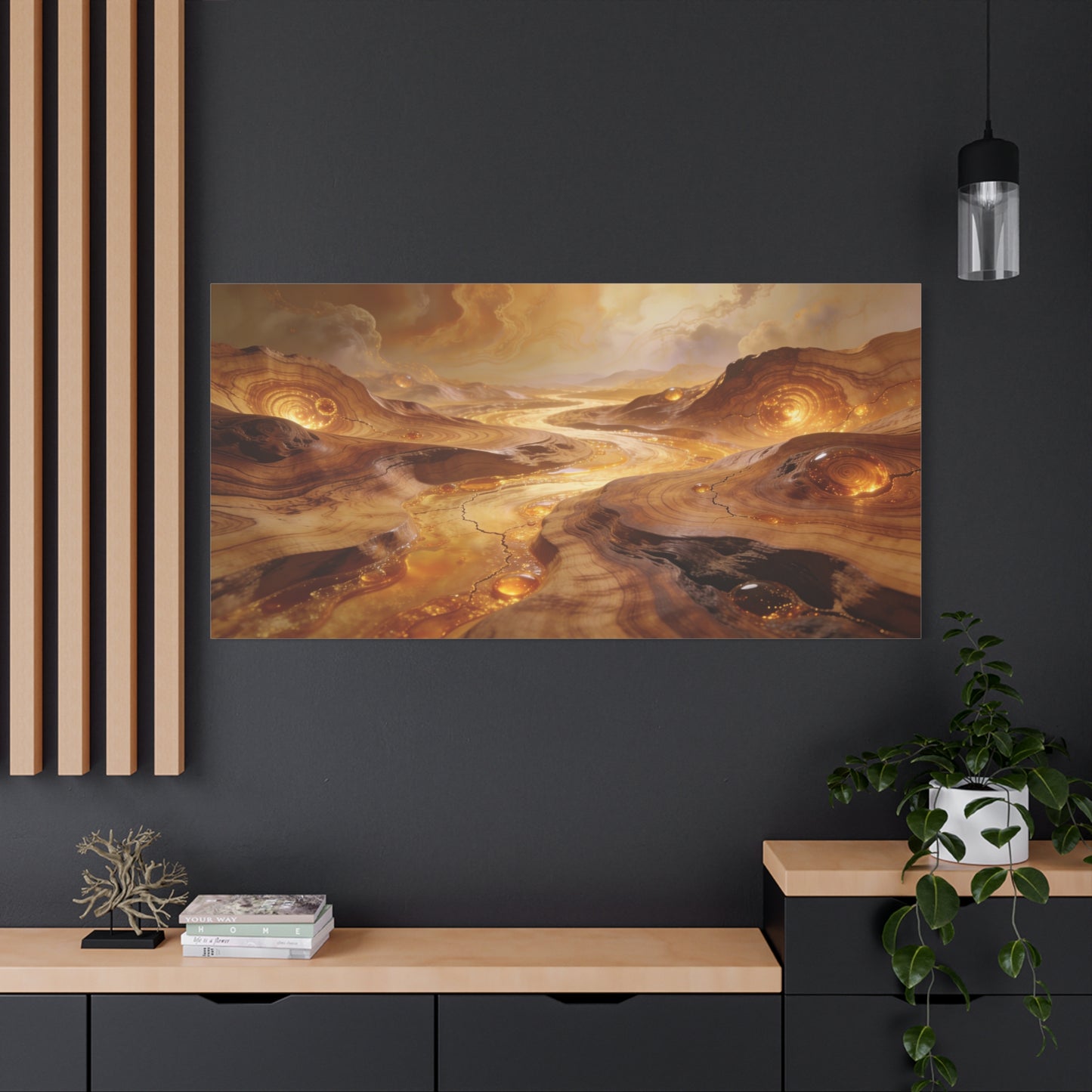 Golden Abstract Landscape Canvas Wall Art - Glowing River, Swirling Stone Forms - Contemporary Matte Canvas Print - Living Room Wall Decor, Bedroom Home Decoration, Office Art - Modern Farmhouse Style