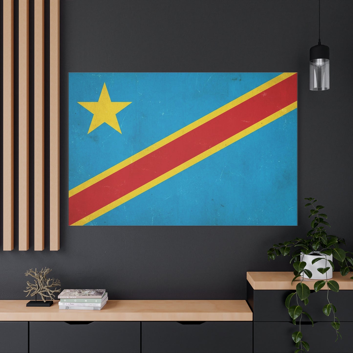 Democratic Republic Of The Congo Flag Canvas Wall Art - Vintage Patriotic Country Print, Distressed Blue Red Yellow Design - Cultural Pride Decor - Living Room Bedroom Office Accent - Office Wall Art