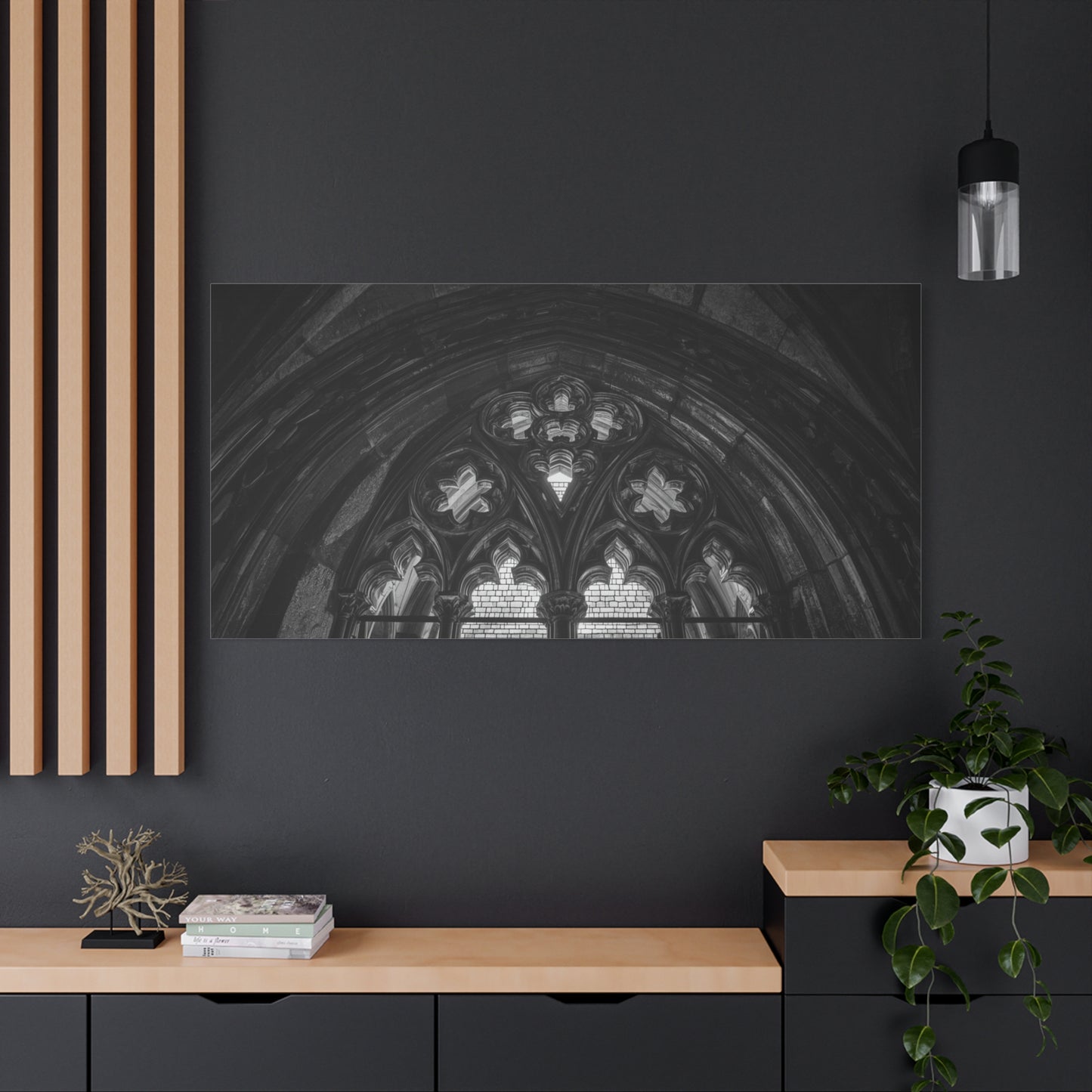 Gothic Cathedral Arch Canvas Wall Art - Black And White Architectural Art Print - Moody Stone Tracery, Matte Finish - Living Room Wall Decor, Office Art Accent - Bedroom Home Decoration