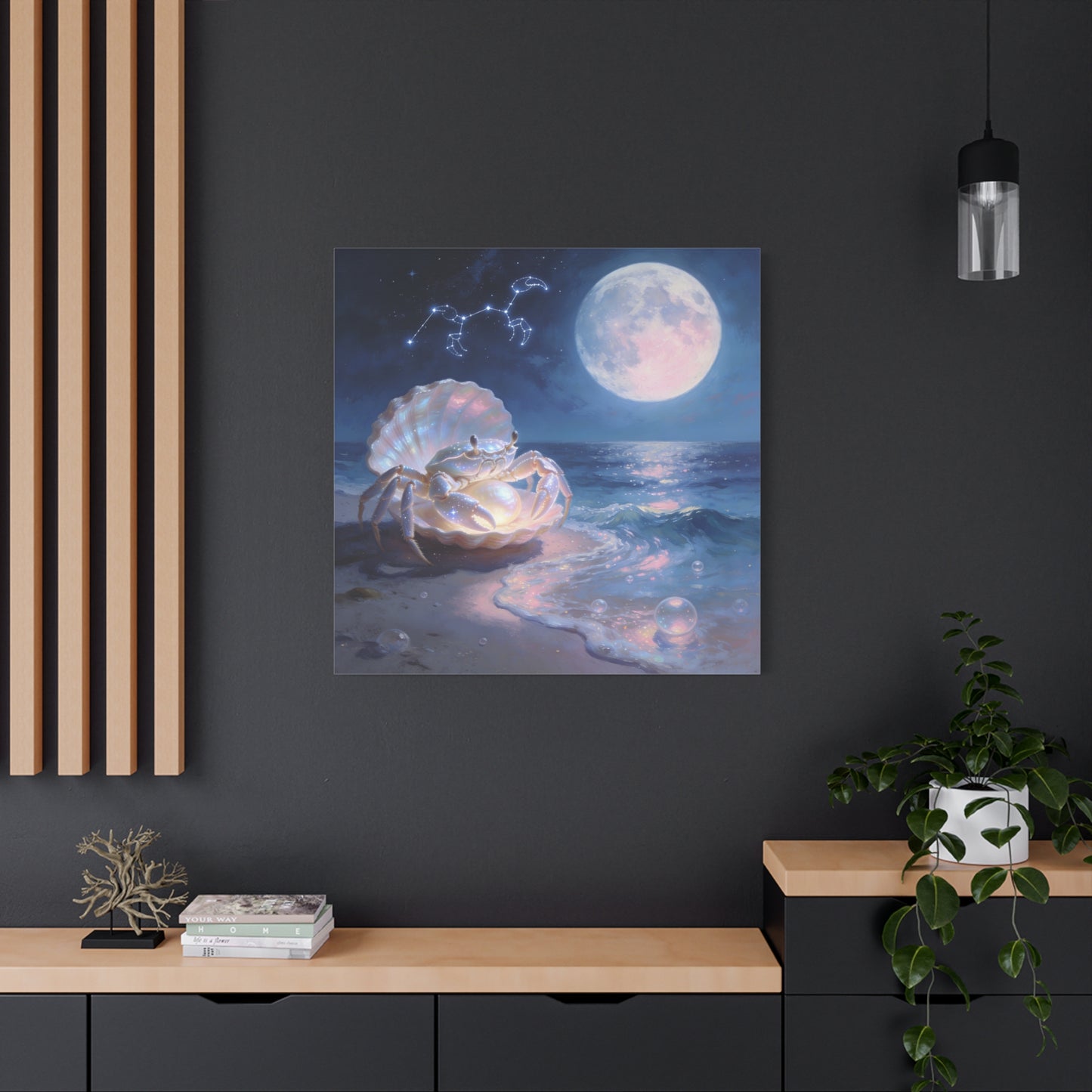 Moonlit Crab Canvas Wall Art - Zodiac Cancer Seascape, Pearl Shell Ocean Night Decor - Dreamy Coastal Illustration, capiz shells wall decor, Bedroom Home Decoration - Bedroom Home Decoration
