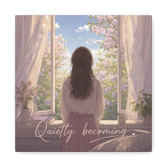 "Quietly Becoming" Girl At Window Canvas Wall Art - Cherry Blossom Bedroom Decor, Soft Pastel Inspirational Print, Dreamy Feminine Room Decoration - Bedroom Home Decoration - Living Room Wall Decor