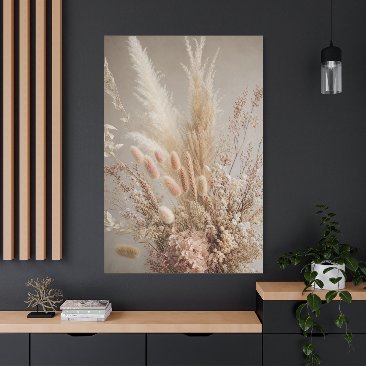 Dried Pampas Grass Floral Canvas Wall Art - Neutral Botanical Bouquet, Blush Bunny Tail Stems, Cotton Canvas Print - Bohemian Farmhouse Style - Bedroom Wall Decor, Spa Accent - Bedroom Home Decoration