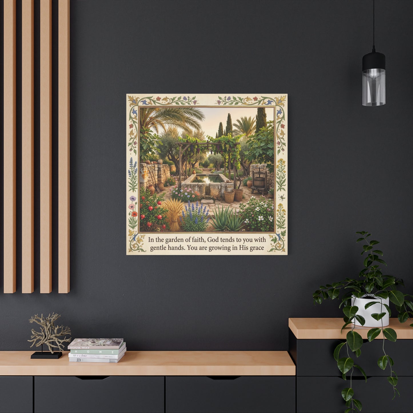 "In The Garden Of Faith, God Tends To You" Canvas Wall Art - Biblical Garden Scripture Print, Floral Border, Rustic Mediterranean Courtyard Scene - Christian Home Decor For Living Room - Ready to Hang