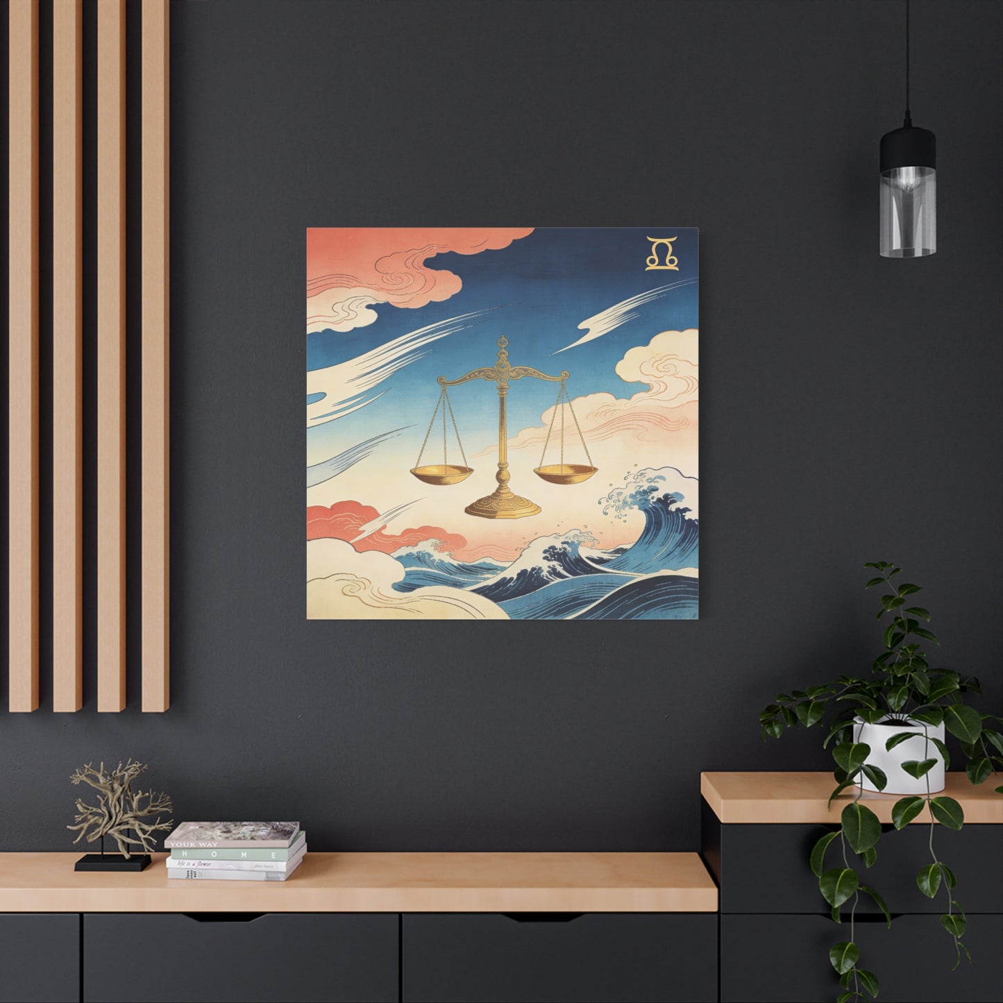 Libra Zodiac Canvas Wall Decor - Vintage Japanese Wave Scales Illustration - Celestial Astrology Print, Gold Balance Symbol, Traditional Style, Bedroom Home Decoration - Living Room Wall Decor