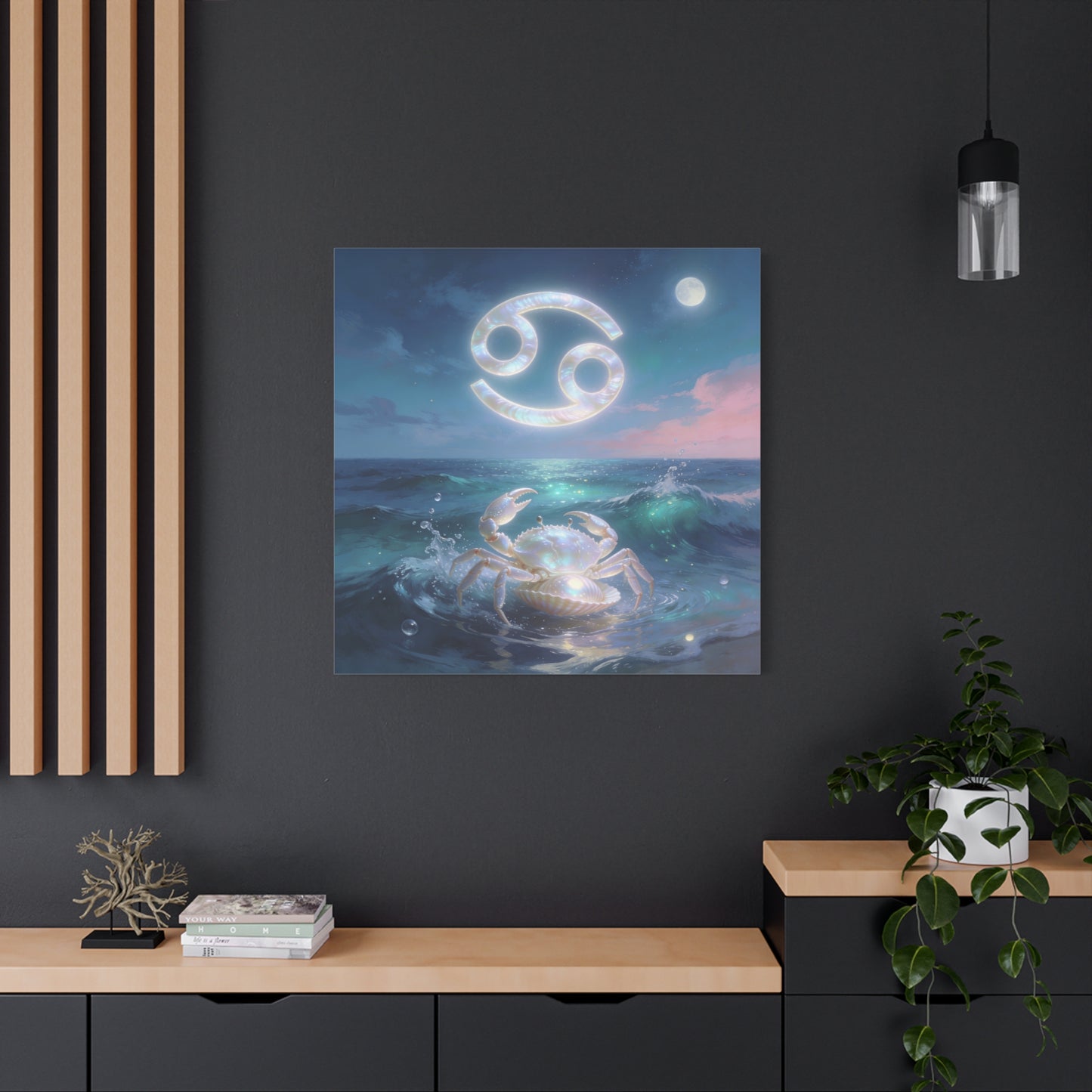 Cancer Zodiac Canvas Wall Art - Moonlit Ocean Crab, Iridescent Shell Symbol - Coastal Celestial Print, Dreamy Blue Seascape - Bedroom Home Decoration, Living Room Wall Decor - Bedroom Home Decoration