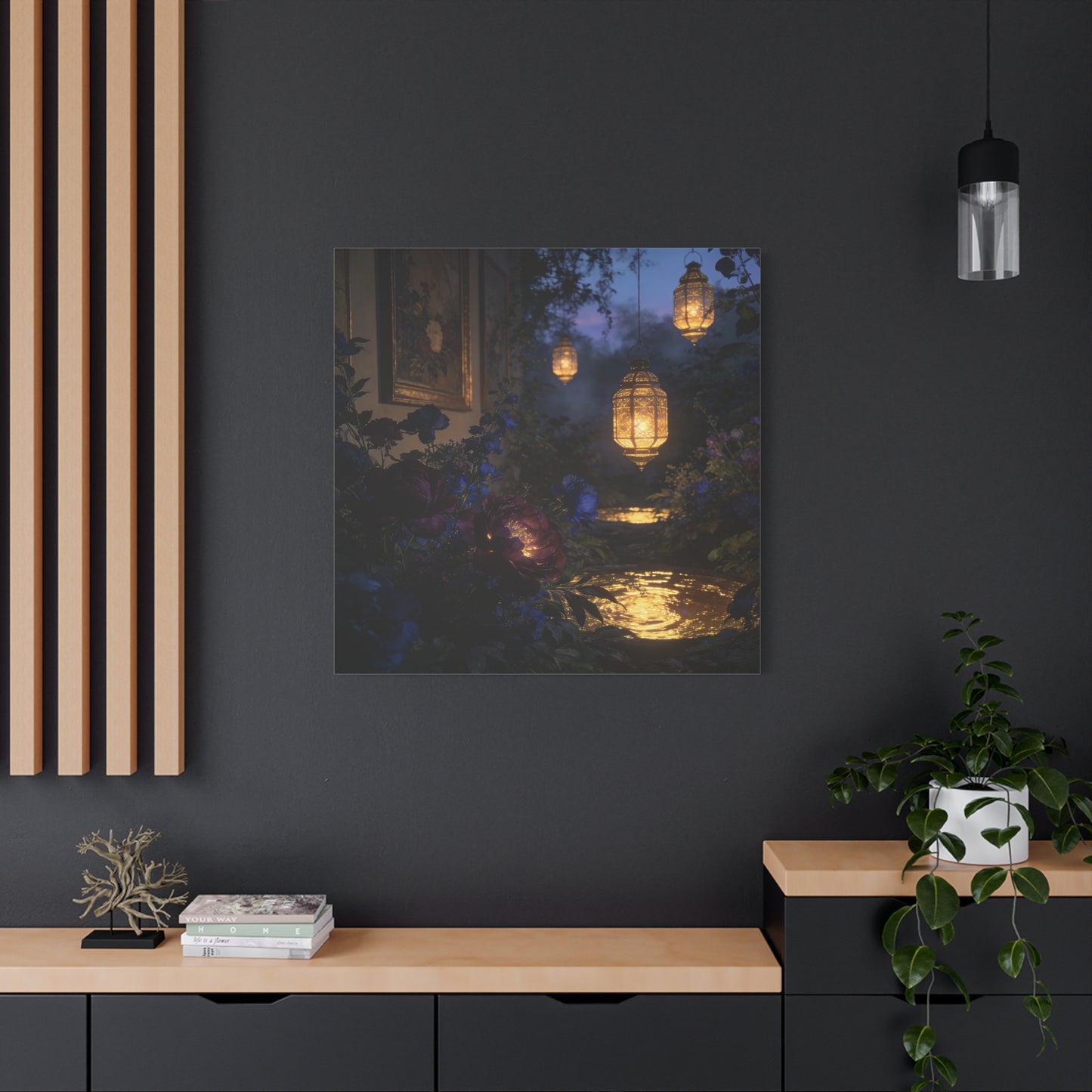 Lantern Garden Canvas Wall Art - Twilight Floral Courtyard, Glowing Water Reflections - Moody Botanical Night Scene, Matte Canvas Print - Bedroom Wall Decor, Living Room Accent - Cozy Reading Nook Art