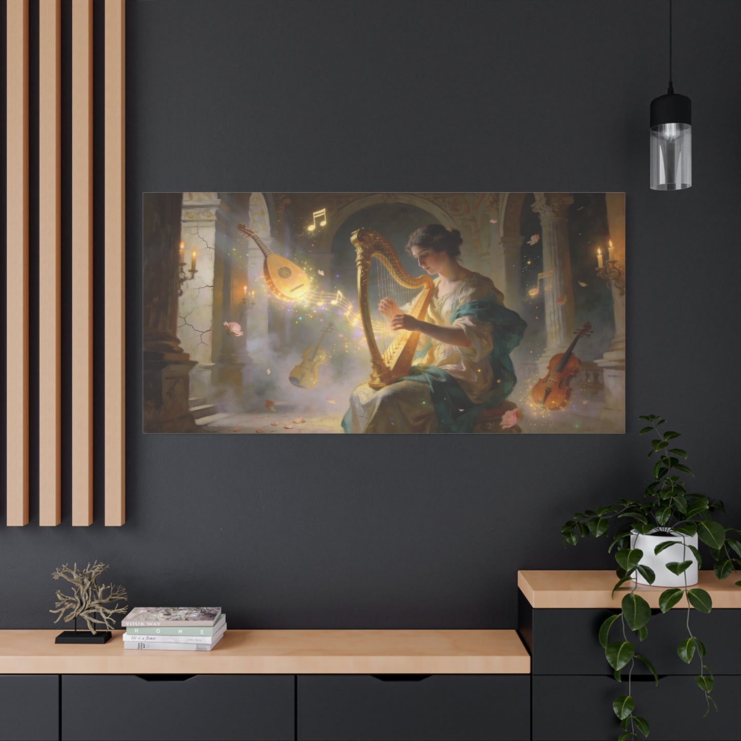 Woman Playing Harp Canvas Wall Art - Romantic Music Painting, Glowing Notes, Violin And Lute - Matte Cotton Print - Traditional Style, Living Room Wall Decor, Bedroom Accent - Bedroom Home Decoration