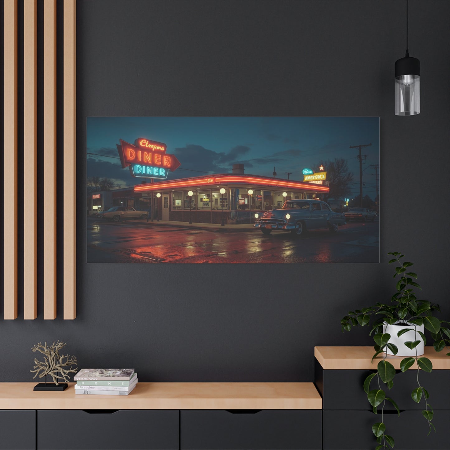Neon Diner Canvas Wall Art - Retro American Diner Night Scene, Vintage Car Art Print - Moody Blue Glow, Contemporary Style - Living Room Wall Decor, Office Art - Bedroom Home Decoration