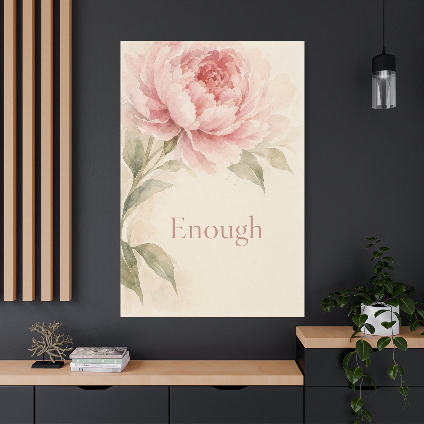 "Enough" Peony Canvas Wall Art - Pink Watercolor Floral Inspirational Print - Soft Botanical Bedroom Wall Decor - Feminine Home Decoration - Bedroom Home Decoration - Modern Farmhouse Style