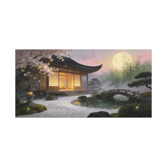Japanese Zen Garden Canvas Wall Art - Moonlit Temple, Cherry Blossoms, Bamboo Mist - Serene Landscape Canvas Print - Traditional Style, Bedroom Wall Decor, Meditation Space - Bedroom Home Decoration