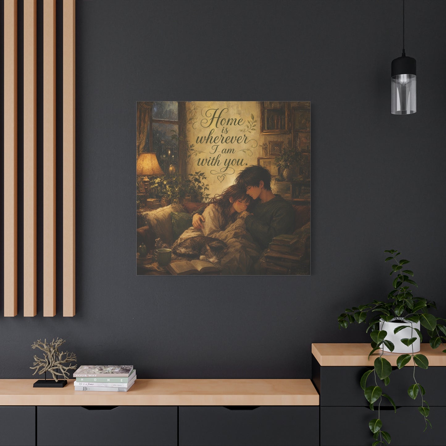 "Home Is Wherever I Am With You." Couple Canvas Wall Art - Romantic Cozy Reading Nook Quote Print - Vintage Warm Lamplight Style - Living Room Wall Decor, Bedroom Home Decoration - Ready to Hang