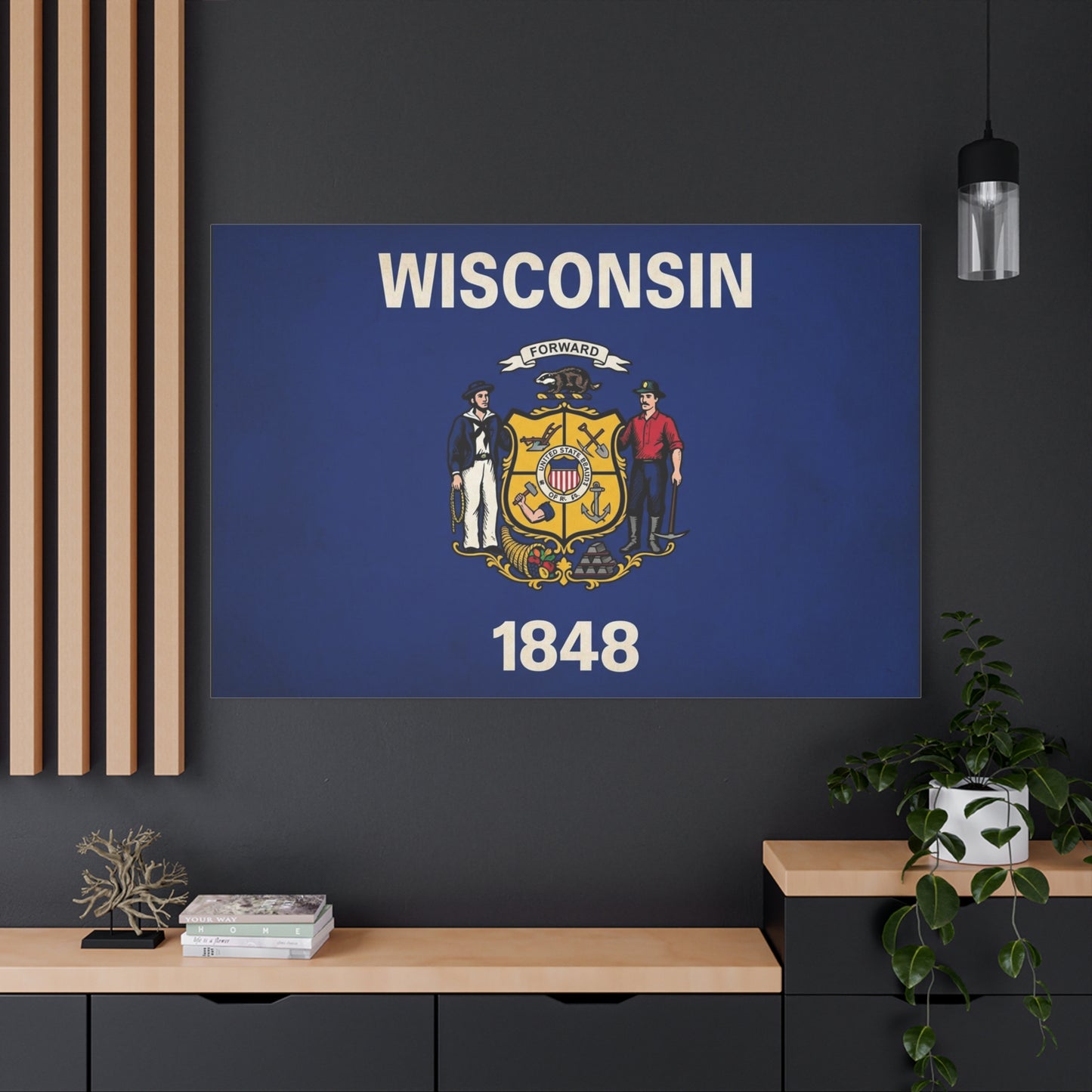 "Wisconsin" 1848 State Flag Canvas Wall Art - Wisconsin Pride Decor, Vintage Typography Banner Print - Patriotic Blue Wall Decor - Living Room Home Decoration - Ready to Hang - Bedroom Home Decoration