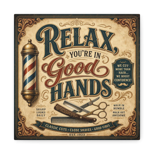 "Relax You're In Good Hands" Barber Shop Canvas Wall Art - Vintage Typography Sign, Straight Razor And Pole Illustration - Rustic Traditional Style - Salon Wall Art, Barbershop Decor - Ready to Hang