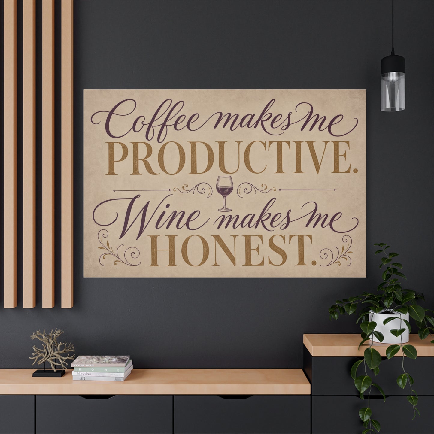 "Coffee Makes Me Productive. Wine Makes Me Honest." Canvas Wall Art - Vintage Typography Decor - Rustic Neutral Quote Print - Bar Cart Accent - Office Wall Art - Coffee Shop Decor - Espresso Bar Sign