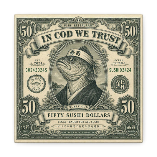 "In Cod We Trust" Sushi Restaurant Canvas Wall Art - Vintage Money Bill Fish Illustration, Typography Poster Style, Cotton Canvas Print, Cafe Decor, Dining Room Accent, Office Art - Ready to Hang