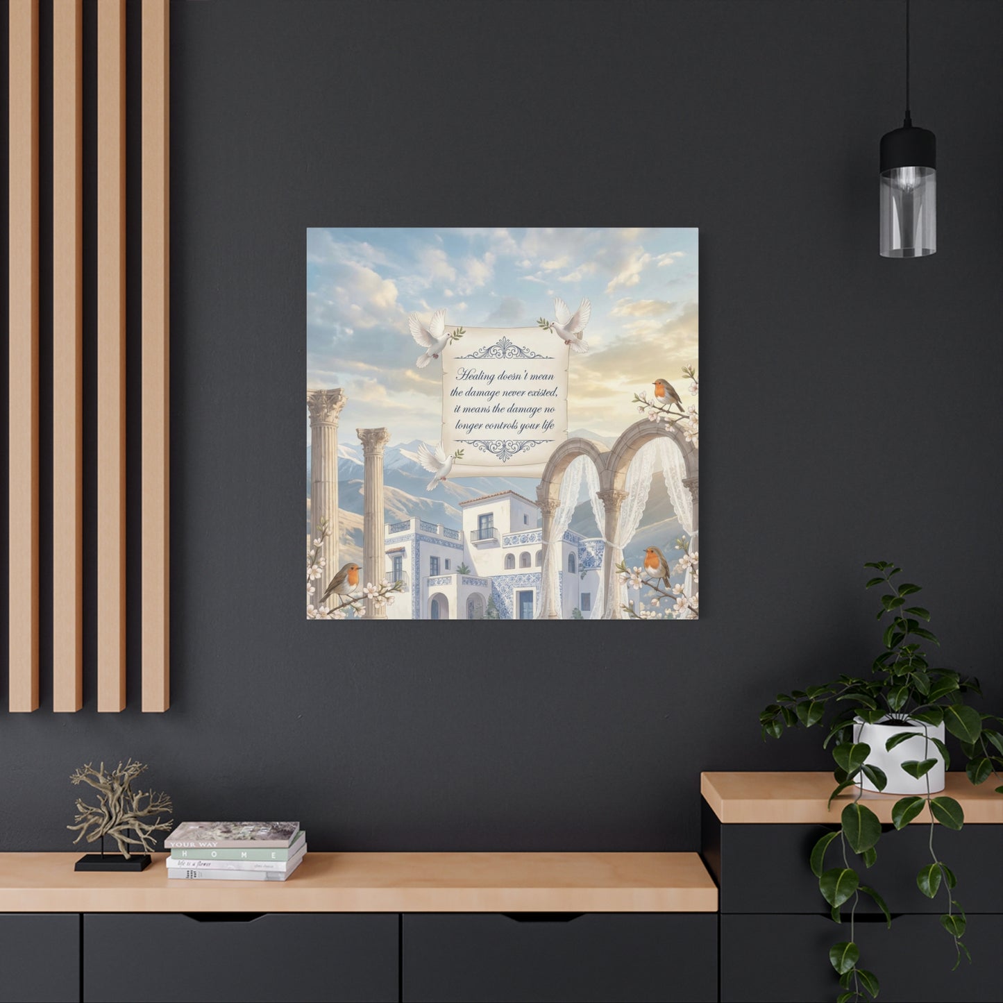 "The Damage No Longer Controls Your Life" Inspirational Canvas Wall Art - Doves, Robins, Classical Arches, Mountain Villa Quote Print - Matte Finish Canvas - Bedroom Home Decoration, Meditation Space