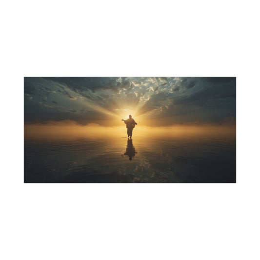 Jesus Christ Canvas Wall Art - Walking On Water At Sunrise, Dramatic Sky Reflection - Matte Cotton Print - Religious Home Decor For Living Room, Bedroom, Office Wall Accent - Bedroom Home Decoration
