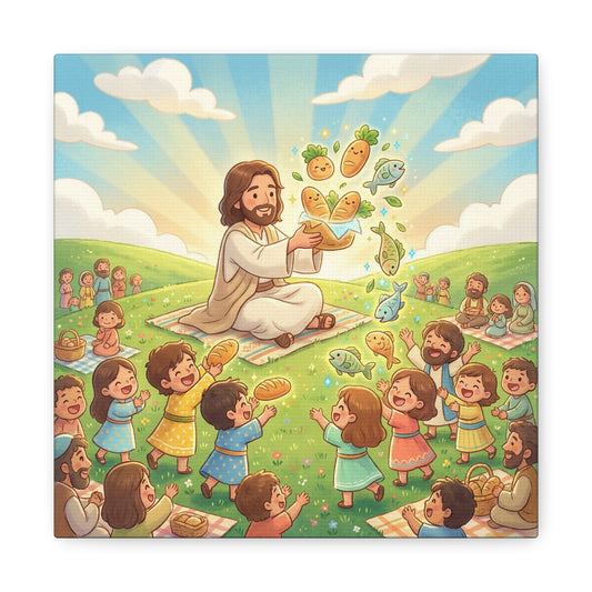 Jesus Feeding Multitude Canvas Wall Art - Loaves And Fish Bible Scene, Christian Nursery Decor - Matte Cotton Print, Kids Room Wall Decor, Sunday School Classroom - Bedroom Home Decoration