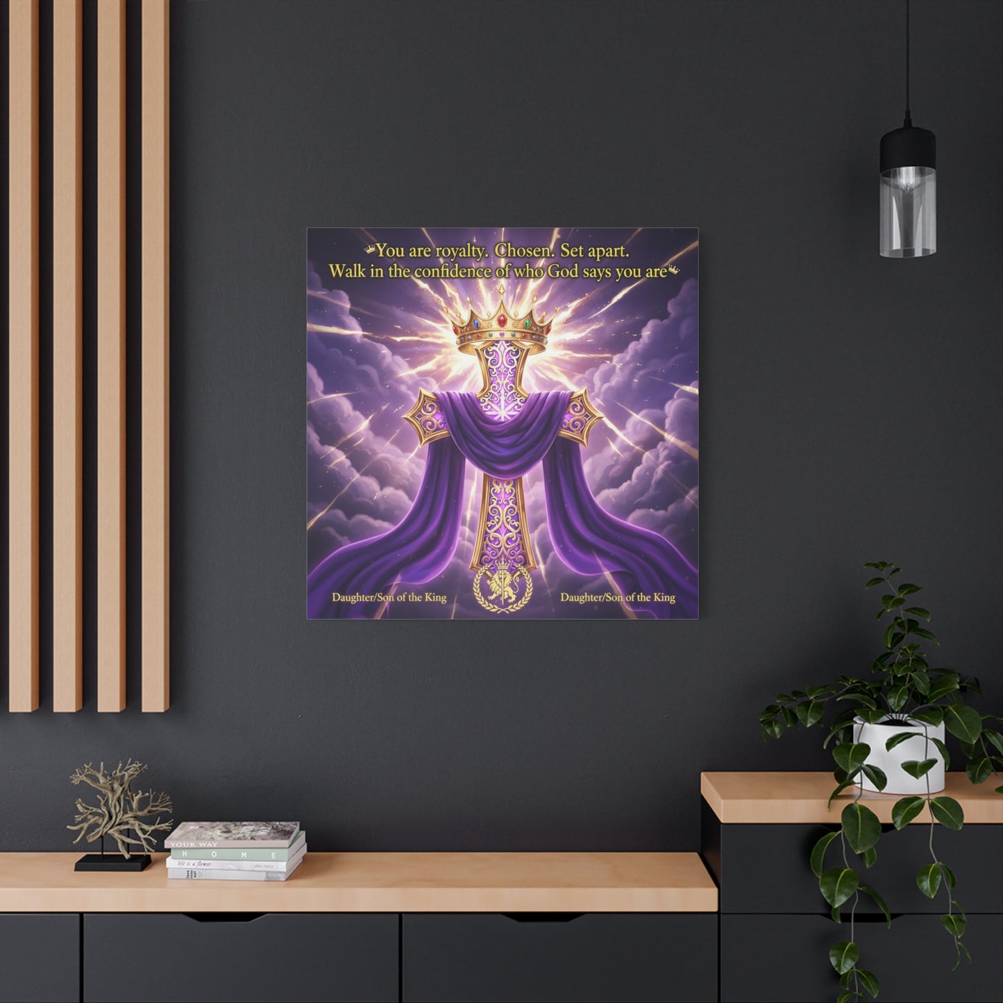 "You Are Royalty. Chosen. Set Apart." Christian Canvas Wall Art - Crowned Cross With Purple Draped Cloth, Daughter Son Of The King Quote - Religious Wall Decor For Bedroom, Office - Ready to Hang