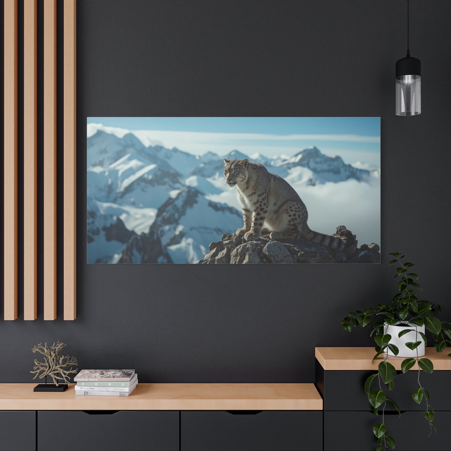 Snow Leopard Canvas Wall Art - Alpine Mountain Wildlife Print, Blue Snowy Peaks, Matte Cotton Canvas, Contemporary Nature Style - Living Room Wall Decor, Office Art Accent - Bedroom Home Decoration