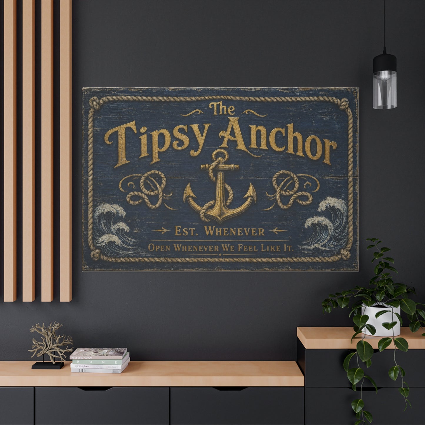 "The Tipsy Anchor" Canvas Wall Art - "Est. Whenever Open Whenever We Feel Like It." Nautical Anchor Sign, Vintage Coastal Wall Decor, Rustic Navy Gold Typography For Bar - Ready to Hang