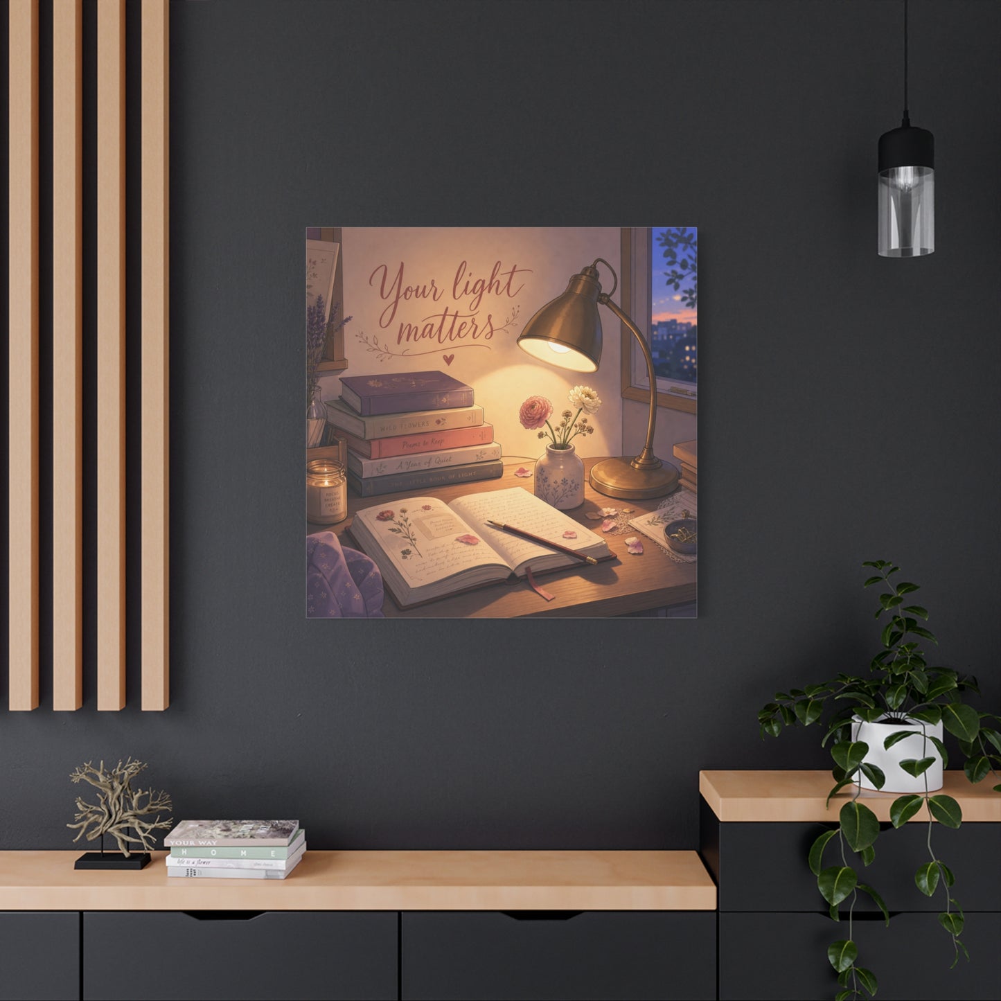 "Your Light Matters" Inspirational Canvas Wall Art - Cozy Desk Lamp Books Floral Print - Warm Vintage Bedroom Wall Decor - Reading Nook Home Decoration - Ready to Hang - Bedroom Home Decoration