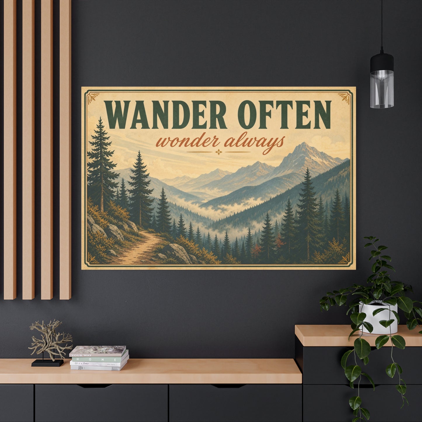 "Wander Often Wonder Always" Mountain Canvas Wall Art - Vintage Forest Landscape Quote Decor, Rustic Matte Print, Cabin Style Living Room Wall Decor, Bedroom Home Decoration - Bedroom Home Decoration