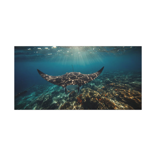 Manta Ray Canvas Wall Art - Underwater Ocean Art Print, Blue Coral Reef Seascape - Matte Cotton Canvas Print - Coastal Wall Decor, Living Room Home Decoration, Office Art - Bedroom Home Decoration
