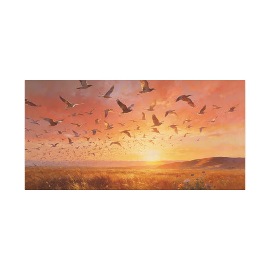Flock Of Seabirds Canvas Wall Art - Sunset Meadow Landscape Print, Warm Golden Sky, Painterly Nature Scene - Contemporary Style - Living Room Wall Decor Bedroom Decoration - Bedroom Home Decoration