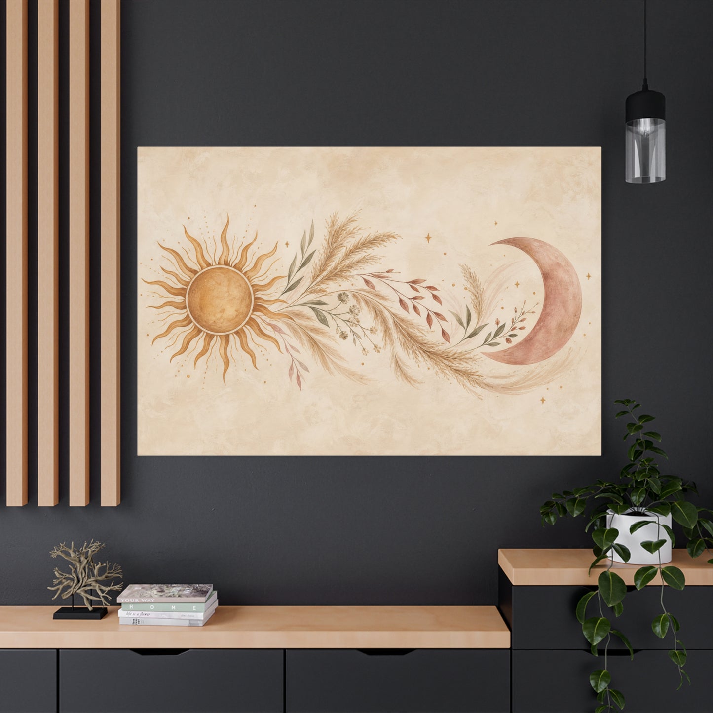 Boho Sun And Moon Canvas Wall Art - Celestial Botanical Pampas Grass Print - Neutral Beige Terracotta Modern Bohemian Decor - Bedroom Living Room Wall Decor - Meditation Space Accent - Ready to Hang