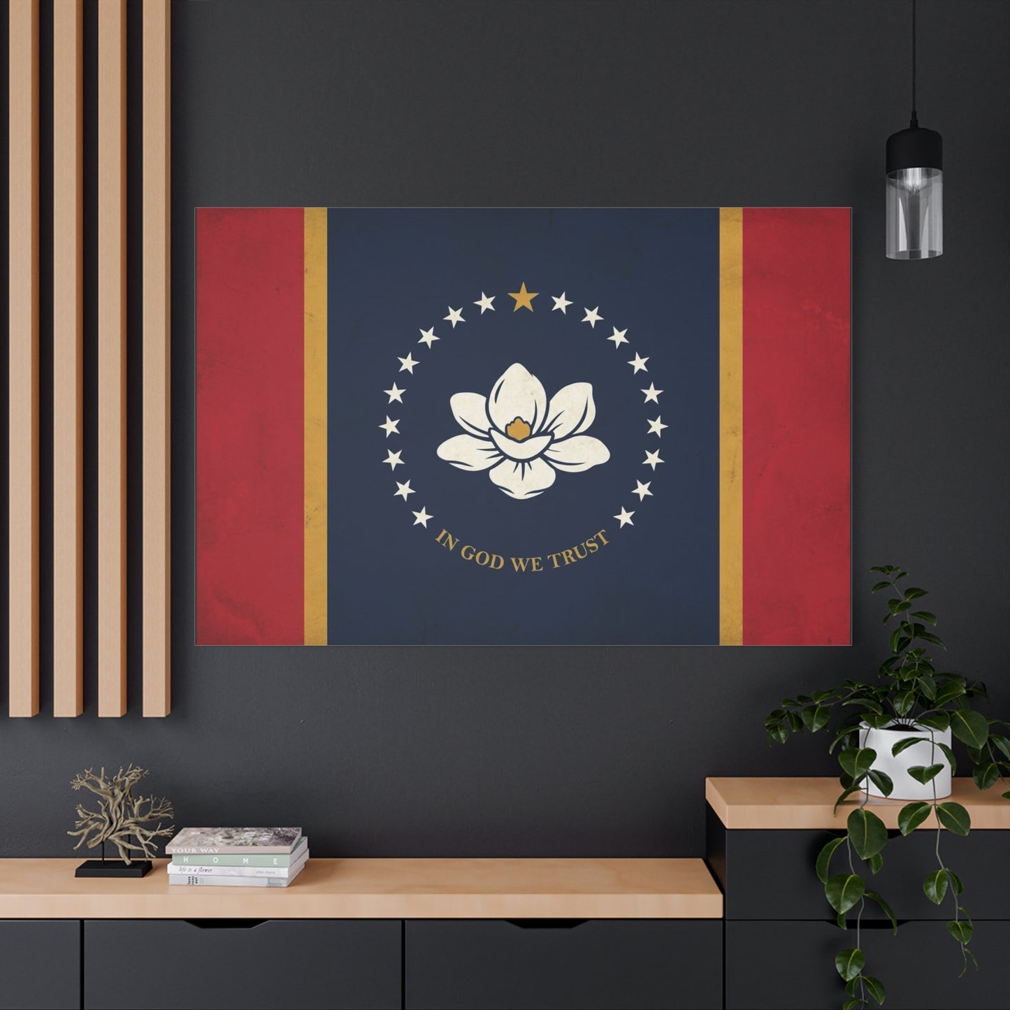 "In God We Trust" Mississippi State Flag Canvas Wall Art - Magnolia Emblem, Vintage Patriotic Decor - Rustic Americana Style - Living Room Wall Decor - Ready to Hang - Bedroom Home Decoration