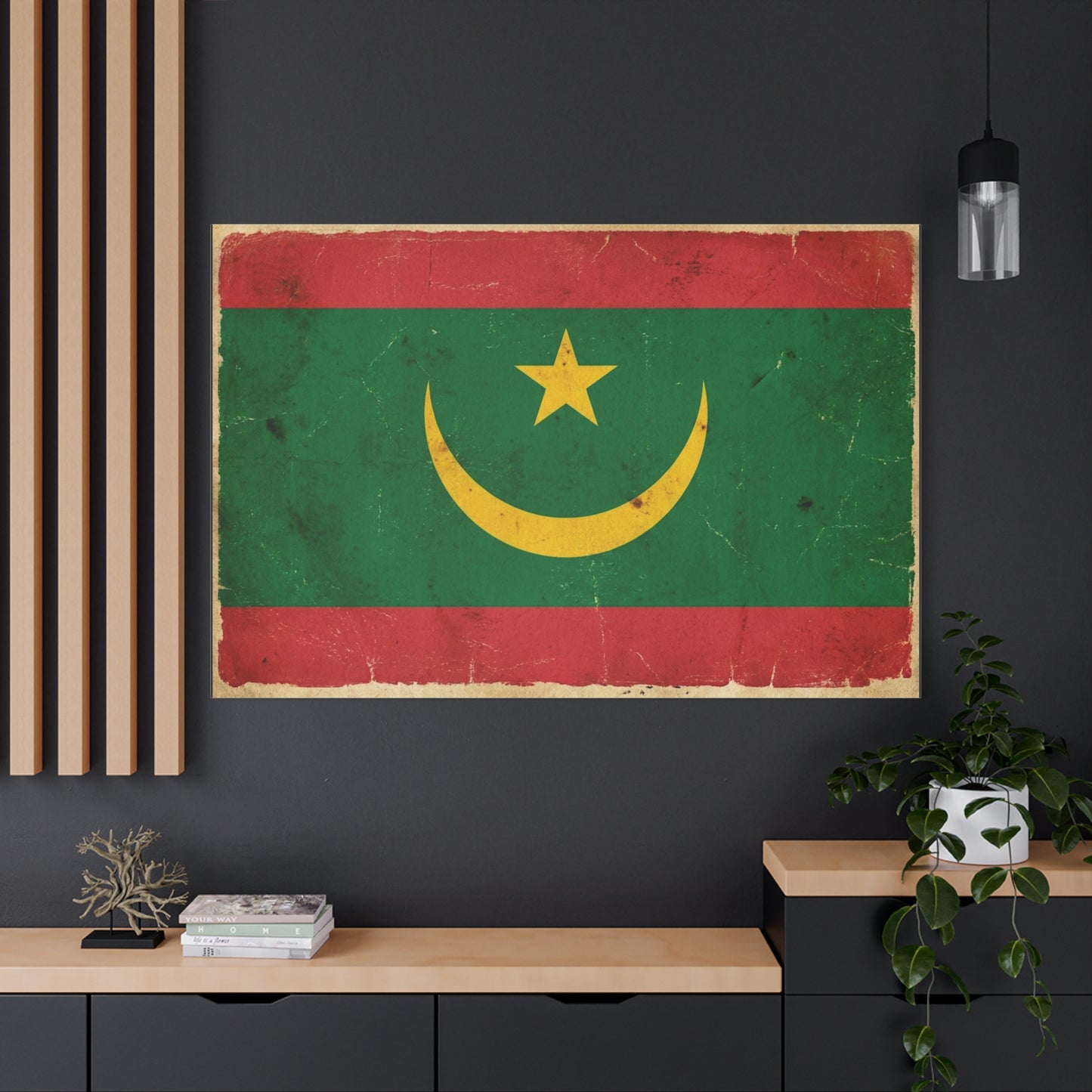 Mauritania Flag Canvas Wall Art - Vintage Crescent Star Country Print - Distressed Green Red Gold Design - Cultural Pride Decor For Living Room - Bedroom Home Decoration - Living Room Wall Decor