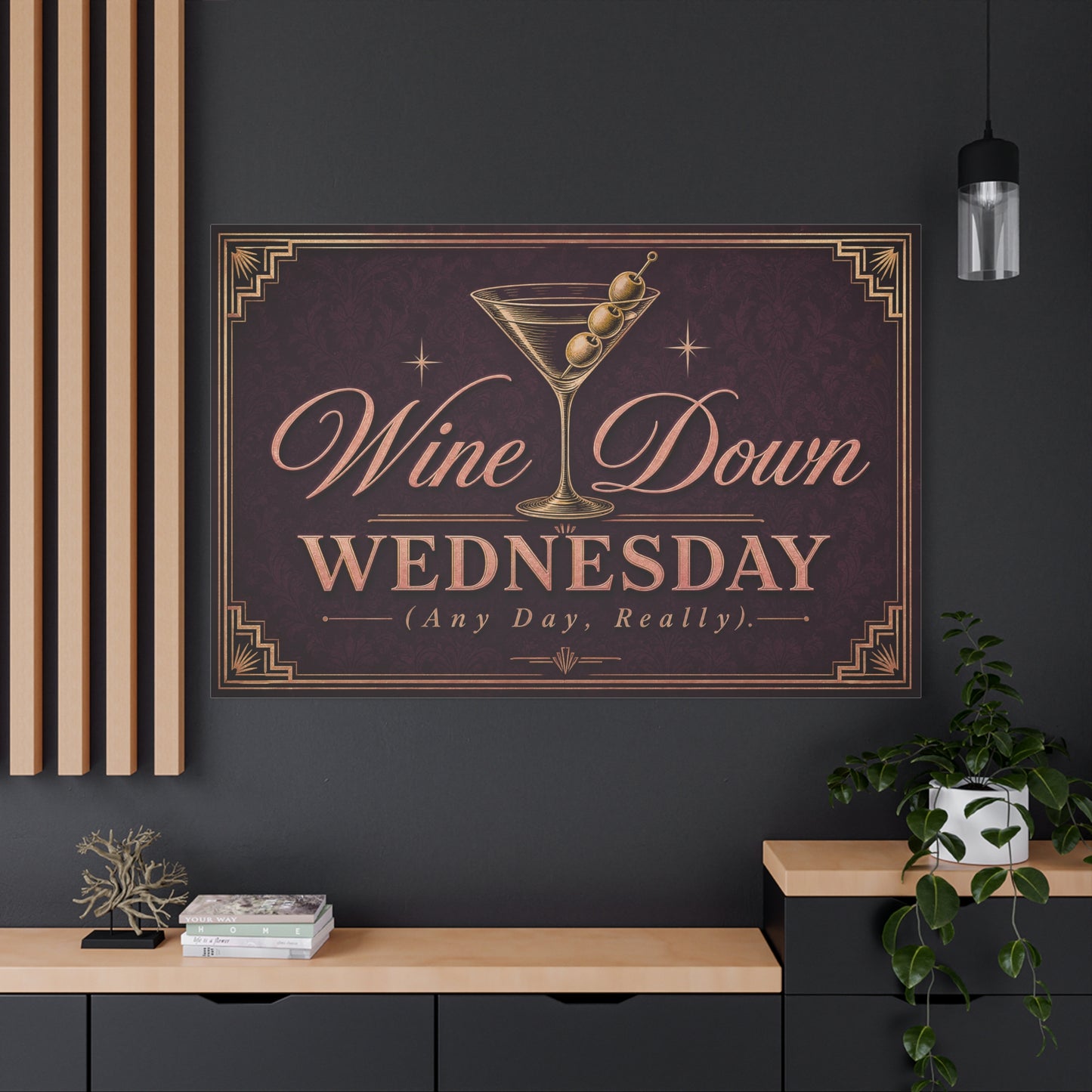 "Wine Down Wednesday (Any Day, Really)." Martini Canvas Wall Art - Vintage Cocktail Typography Decor - Art Deco Style, Matte Canvas Print - Bar Cart Wall Decor - Ready to Hang - Ready to Hang