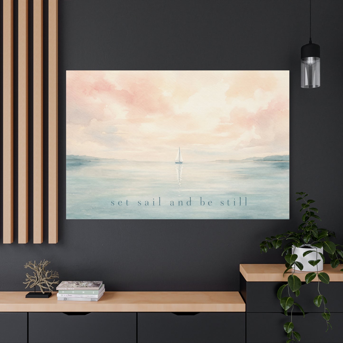 "Set Sail And Be Still" Sailboat Canvas Wall Art - Coastal Seascape Quote Print, Soft Pastel Watercolor, Serene Bedroom Decor, Living Room Wall Decor, Meditation Space Home Accent - Ready to Hang