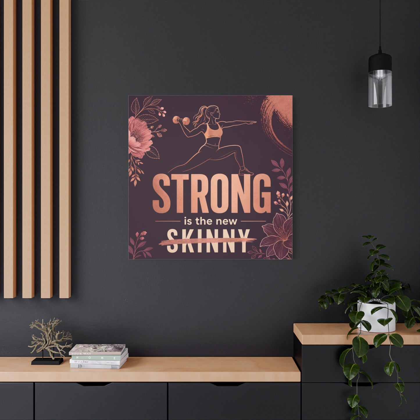 "Strong Is The New Skinny" Fitness Canvas Wall Art - Woman With Dumbbell Floral Quote Print - Rose Gold Motivational Decor - Modern Bedroom Wall Decor - Bedroom Home Decoration - Cozy Reading Nook Art