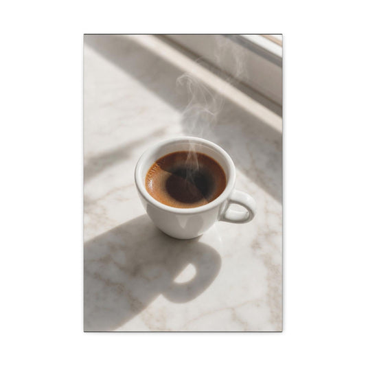 Steaming Espresso Coffee Cup Canvas Wall Art - Minimalist Sunlit Art Print, Matte Cotton Print - Contemporary Kitchen Decor, Dining Room Accent, Cafe Wall Decor, Office Art - Bedroom Home Decoration