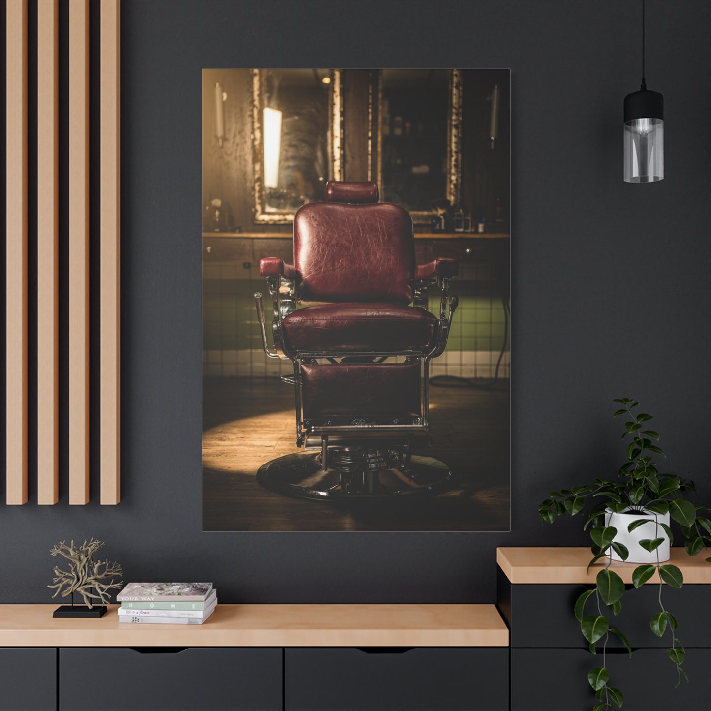 Vintage Barber Chair Canvas Print - Moody Barbershop Interior Art Print, Burgundy Leather Seat, Warm Cinematic Lighting - Rustic Contemporary Decor - Salon Wall Accent, Home Office Display