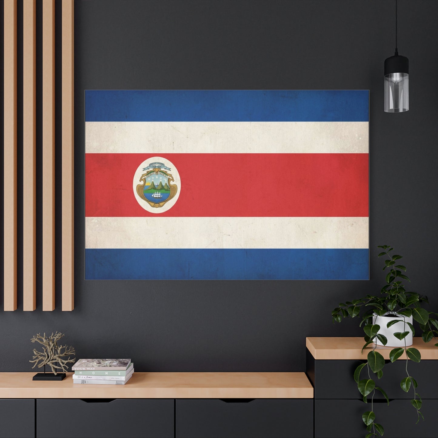 Costa Rica Flag Canvas Wall Art - Vintage National Banner With Coat Of Arms - Patriotic Red White Blue Print - Cultural Heritage Decor For Living Room, Office, Dorm Wall Display - Ready to Hang