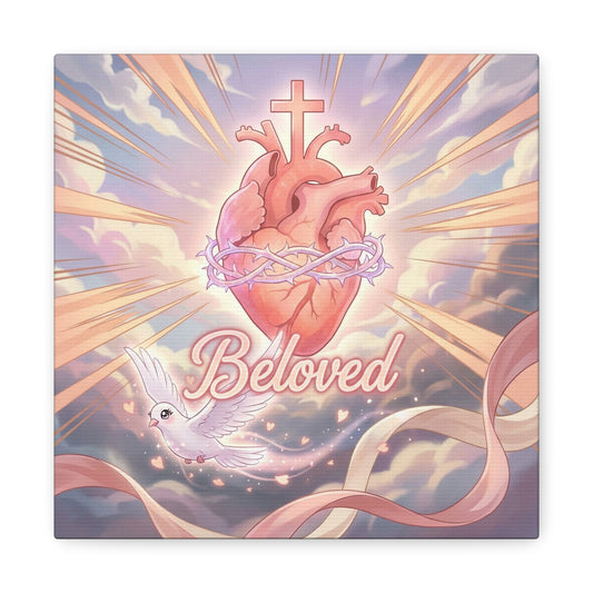 "Beloved" Sacred Heart Canvas Wall Art - Cross, Dove, Crown Of Thorns Christian Decor - Pink Pastel Religious Print - Inspirational Bedroom Home Decoration, Living Room Wall Decor - Ready to Hang