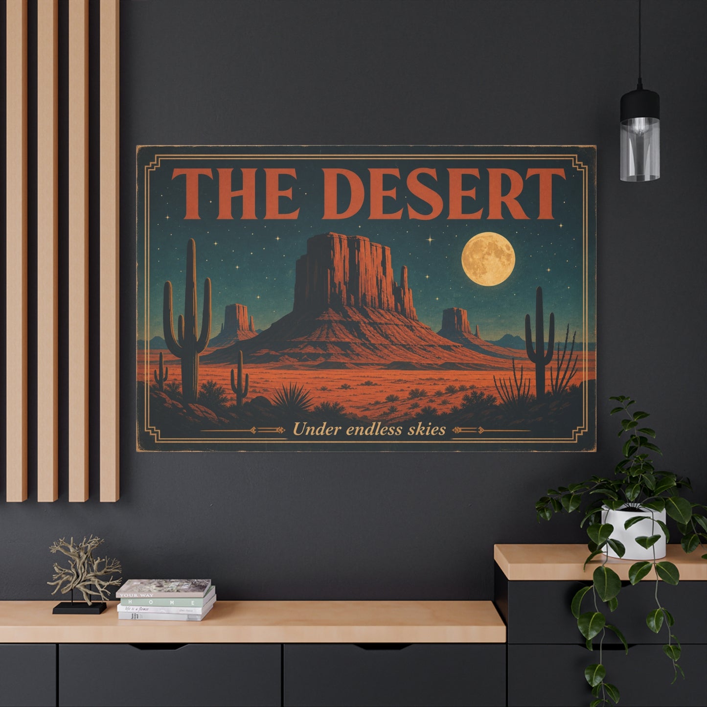 "THE DESERT" Canvas Wall Art - Moonlit Saguaro Desert Mesa Landscape, "Under endless skies" - Vintage Southwest Poster Style, Living Room Wall Decor, Bedroom Home Decoration - Bedroom Home Decoration