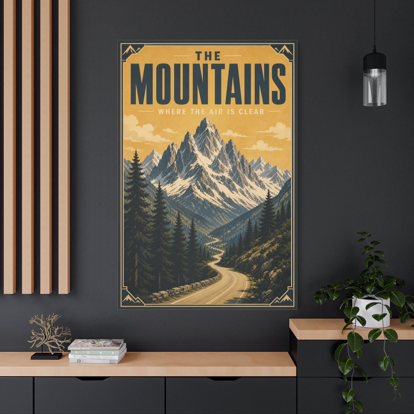 "The Mountains Where The Air Is Clear" Canvas Wall Art - Vintage Mountain Landscape Print, Golden Alpine Road Poster Style, Rustic Cabin Wall Decor - Ready to Hang - Bedroom Home Decoration