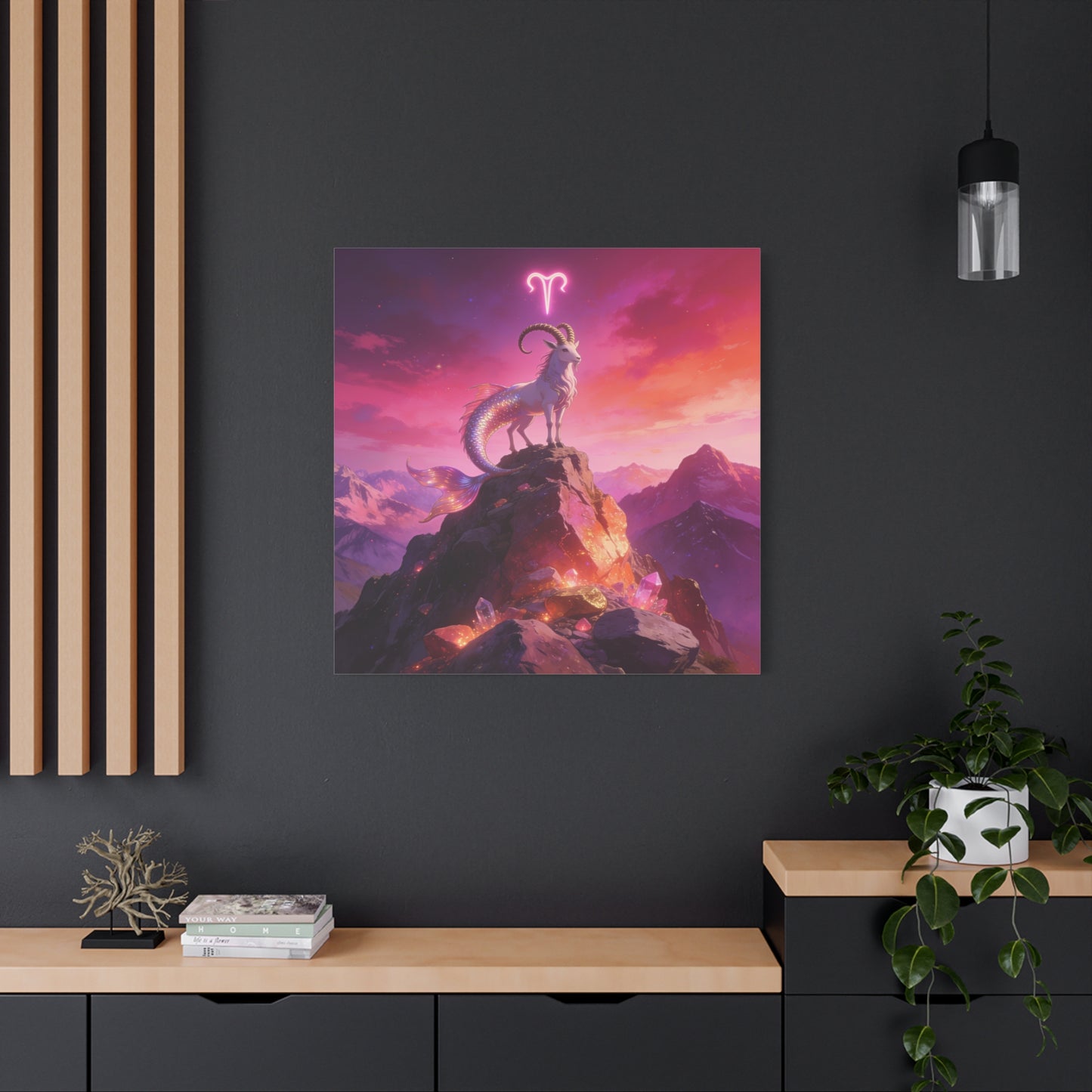 Aries Zodiac Mermaid Goat Canvas Wall Art - Fantasy Mountain Crystal Scene - Pink Purple Celestial Illustration - Modern Mystical Decor, Bedroom Home Decoration, Office Wall Art - Ready to Hang