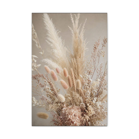 Dried Pampas Grass Floral Canvas Wall Art - Neutral Botanical Bouquet, Blush Bunny Tail Stems, Cotton Canvas Print - Bohemian Farmhouse Style - Bedroom Wall Decor, Spa Accent - Bedroom Home Decoration