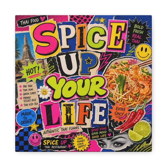 "Spice Up Your Life" Canvas Wall Art - Thai Food Pop Art Collage, Typography Print, Neon Color Street Poster Style, Cafe Decor, Dining Room Accent, Kitchen Wall Hanging, Contemporary - Ready to Hang